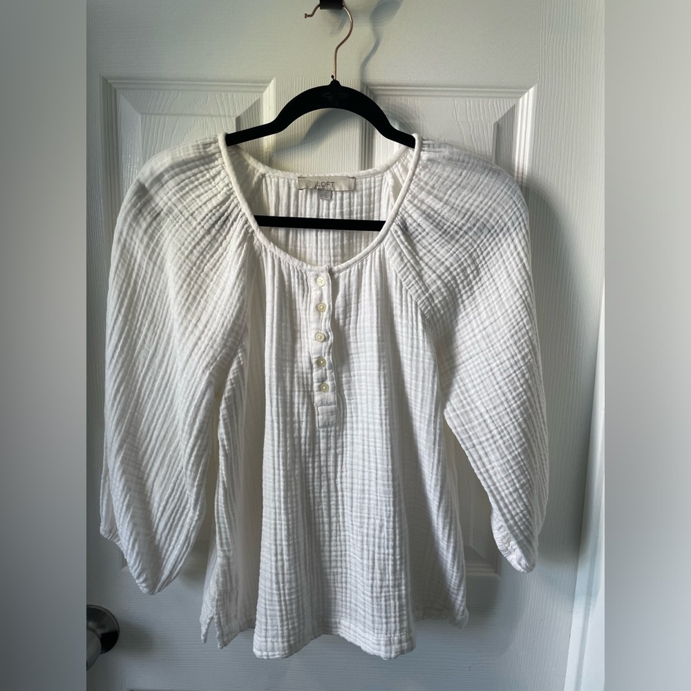 LOFT White Relaxed 3/4 Sleeve Bib Collar Blouse